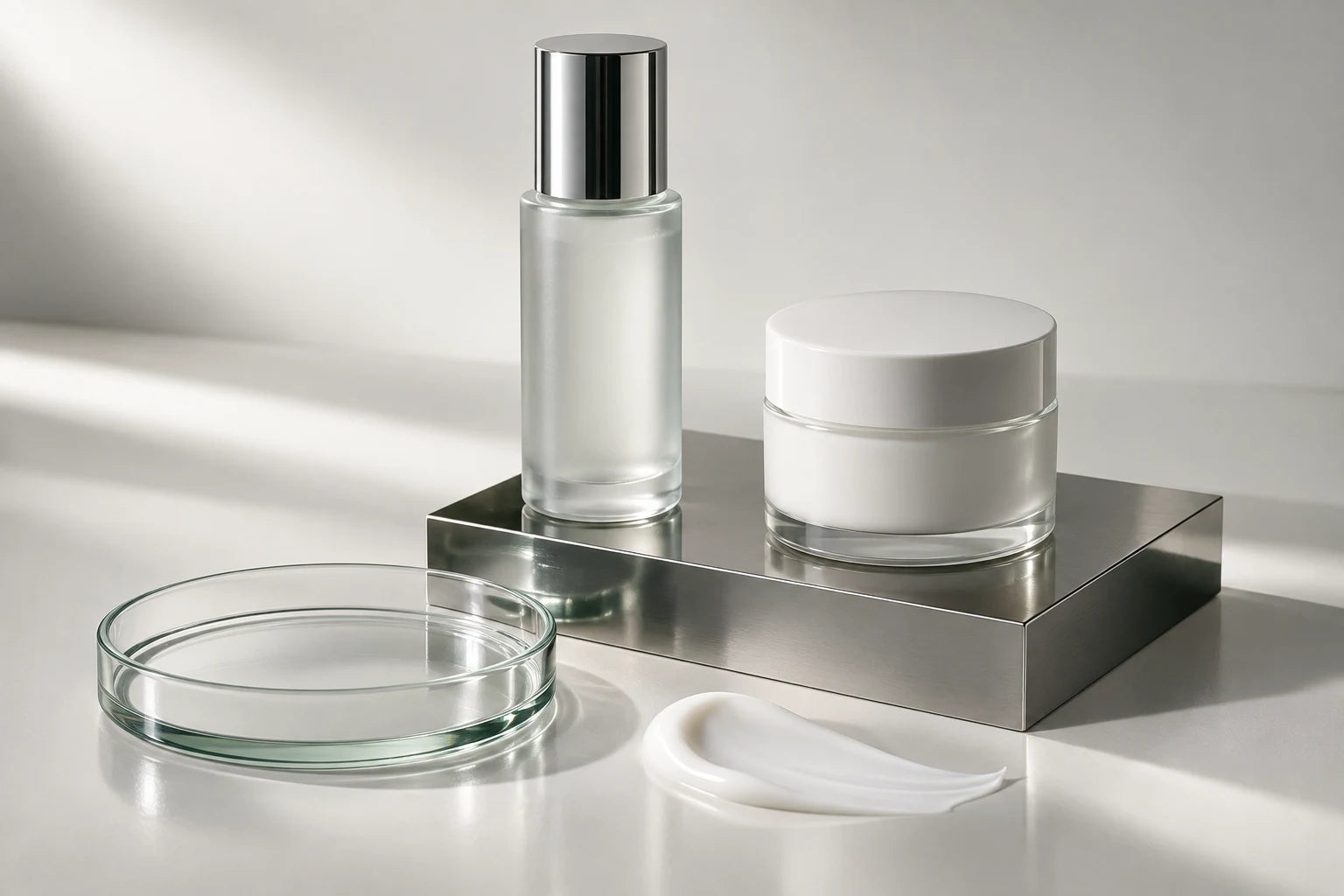 Unbranded skincare containers and a glass dish in a studio