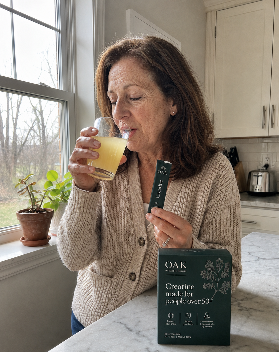 Ideal customer sipping OAK, stick and box in hand
