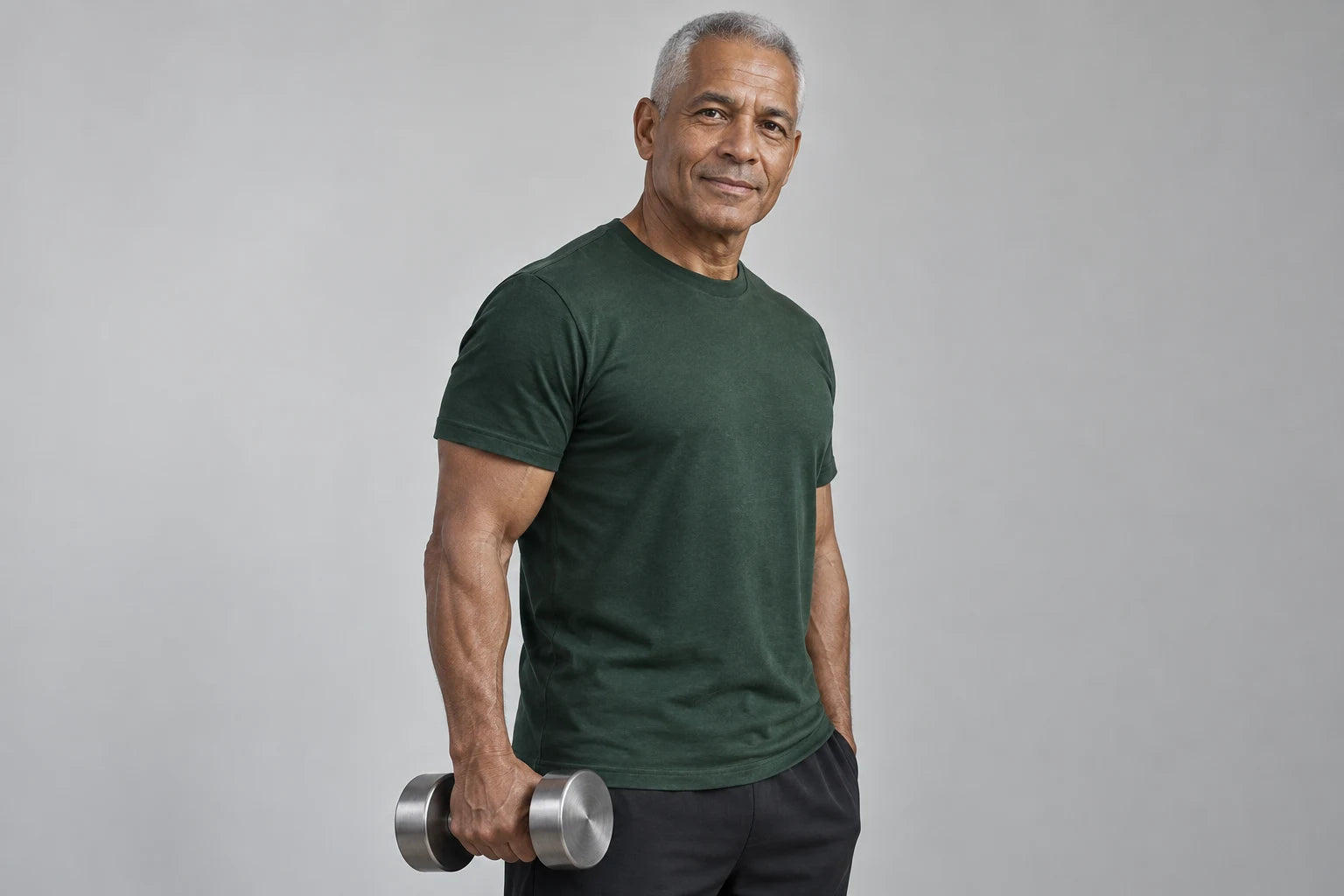 Studio portrait of an older man holding a small dumbbell